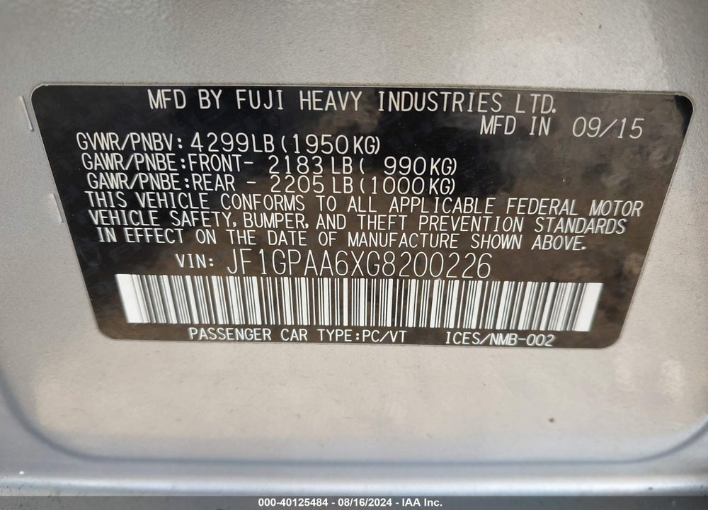 2016 SUBARU IMPREZA 2.0I VIN: JF1GPAA6XG8200226