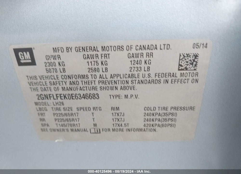 2014 CHEVROLET EQUINOX 1LT VIN: 2GNFLFEK0E6346683