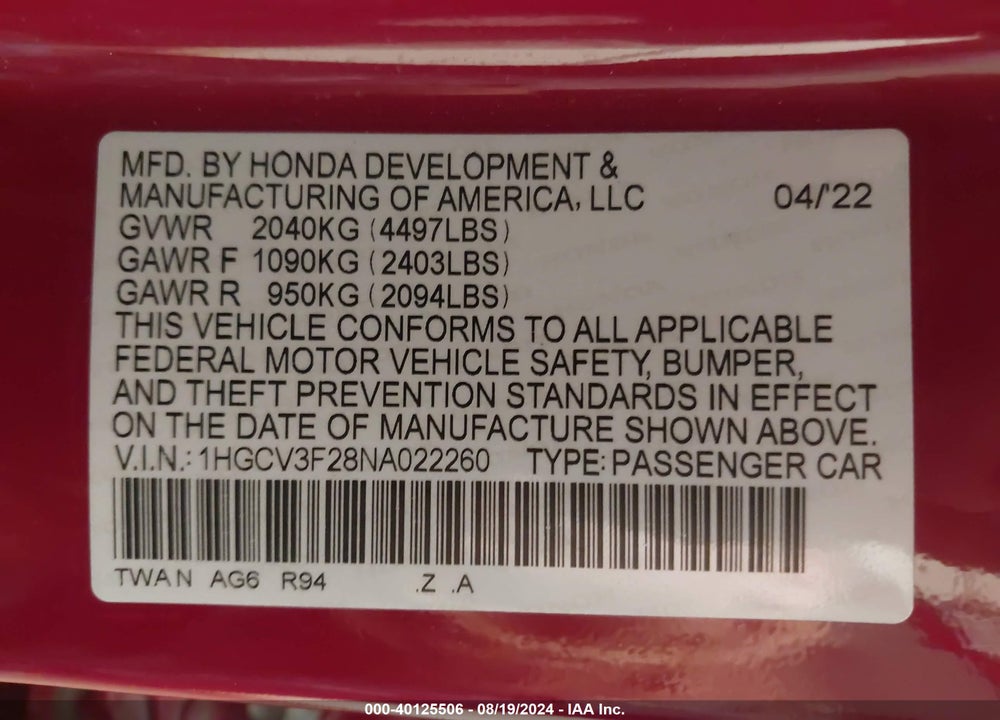 2022 HONDA ACCORD HYBRID SPORT VIN: 1HGCV3F28NA022260