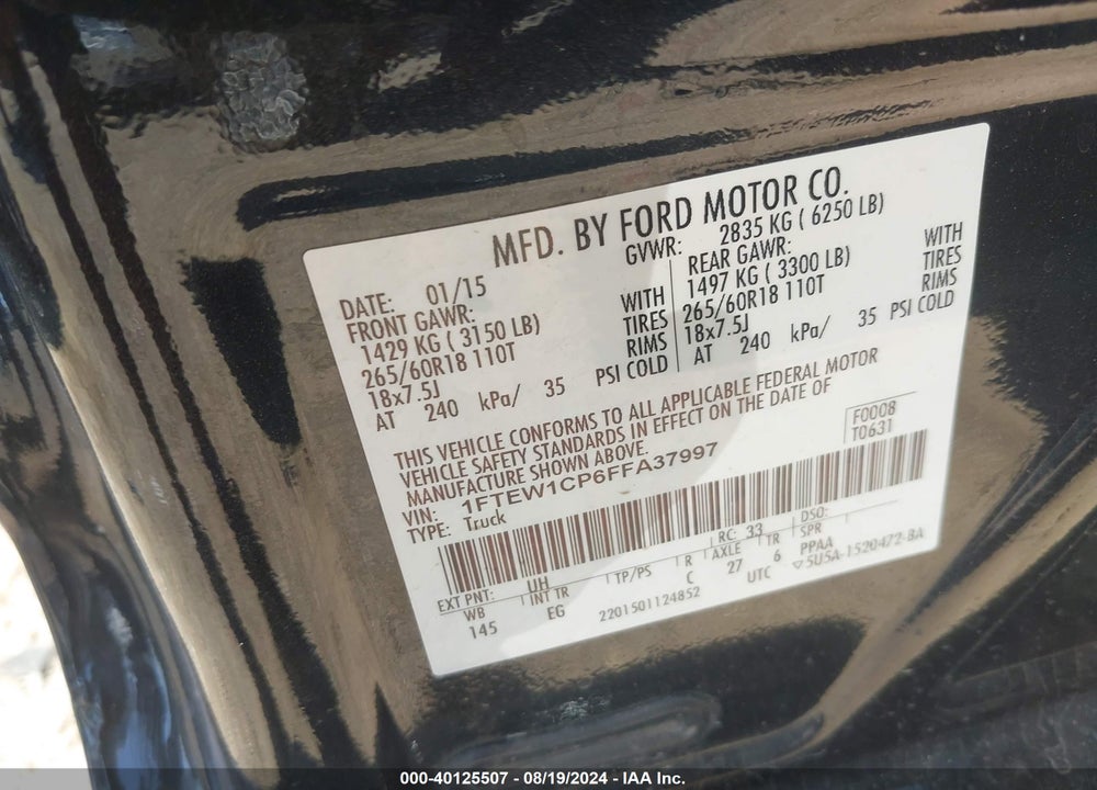 2015 FORD F-150 LARIAT VIN: 1FTEW1CP6FFA37997