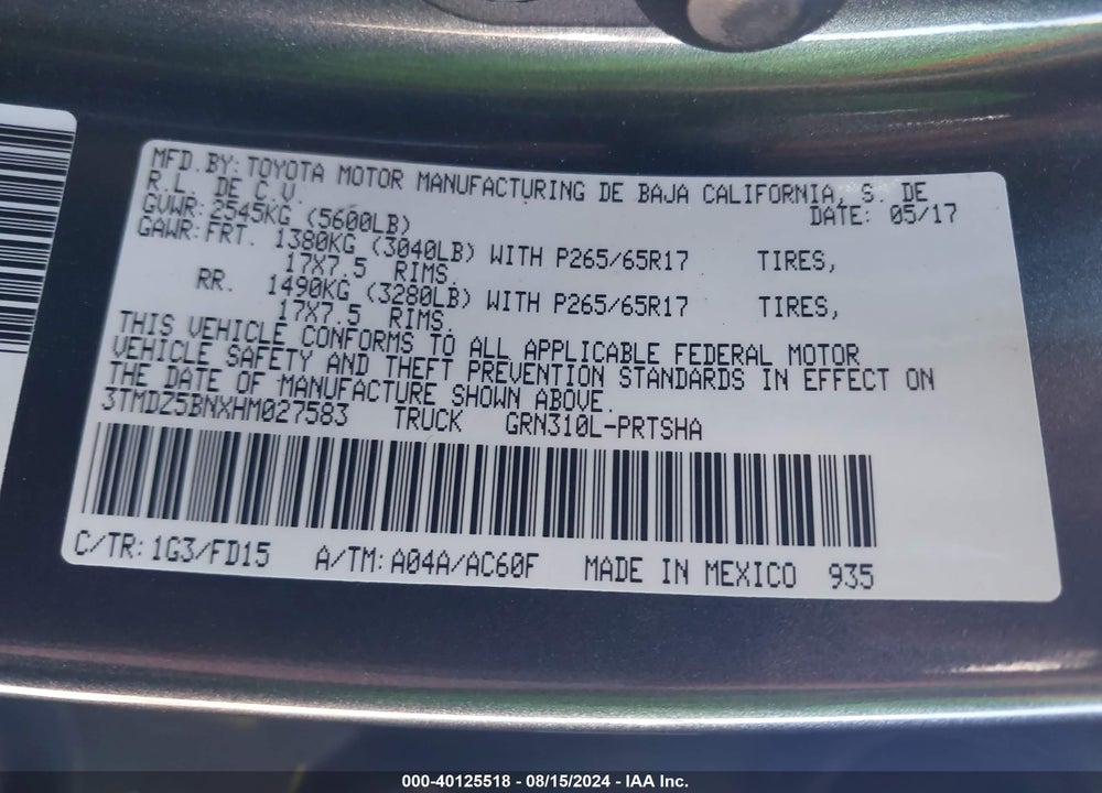 2017 TOYOTA TACOMA TRD SPORT VIN: 3TMDZ5BNXHM027583