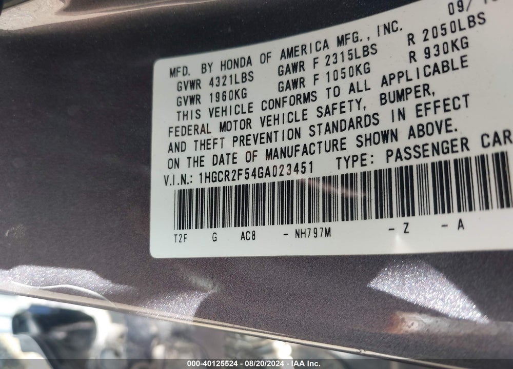 2016 HONDA ACCORD SPORT VIN: 1HGCR2F54GA023451