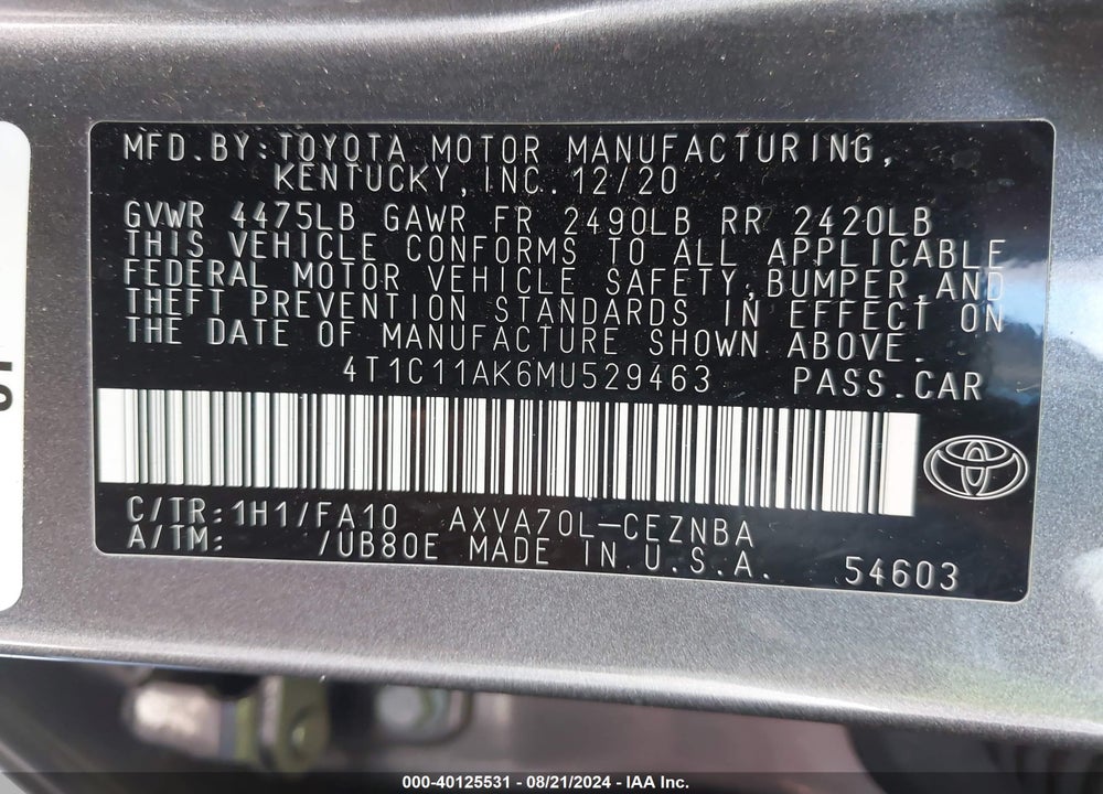 2021 TOYOTA CAMRY LE VIN: 4T1C11AK6MU529463