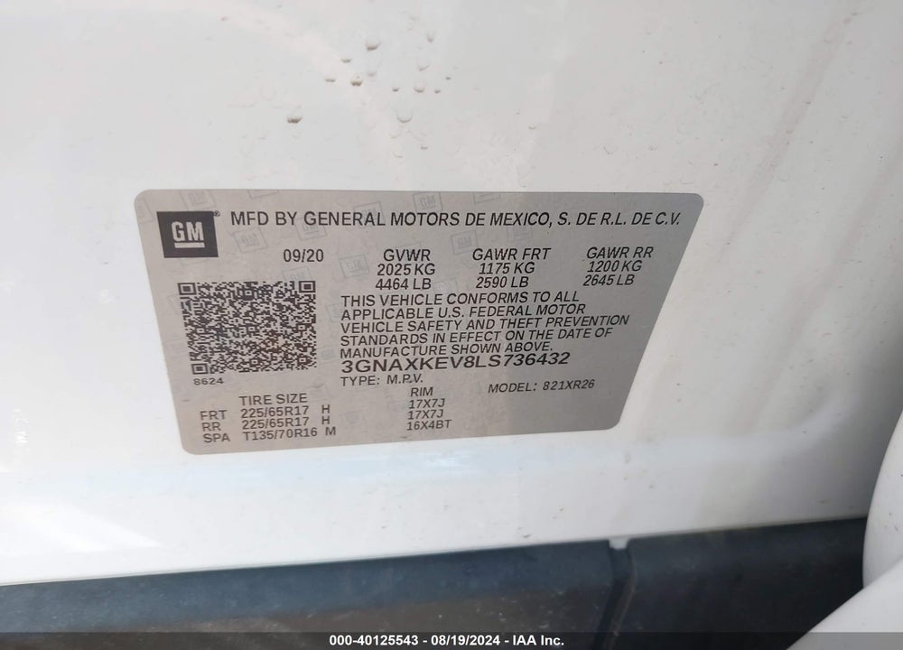 2020 CHEVROLET EQUINOX FWD LT 1.5L TURBO VIN: 3GNAXKEV8LS736432
