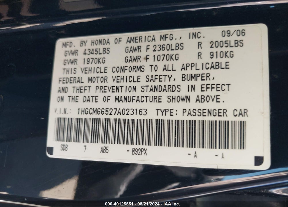 2007 HONDA ACCORD 3.0 EX VIN: 1HGCM66527A023163