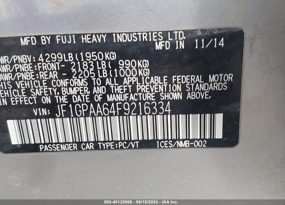 2015 SUBARU IMPREZA 2.0I VIN: JF1GPAA64F9216334