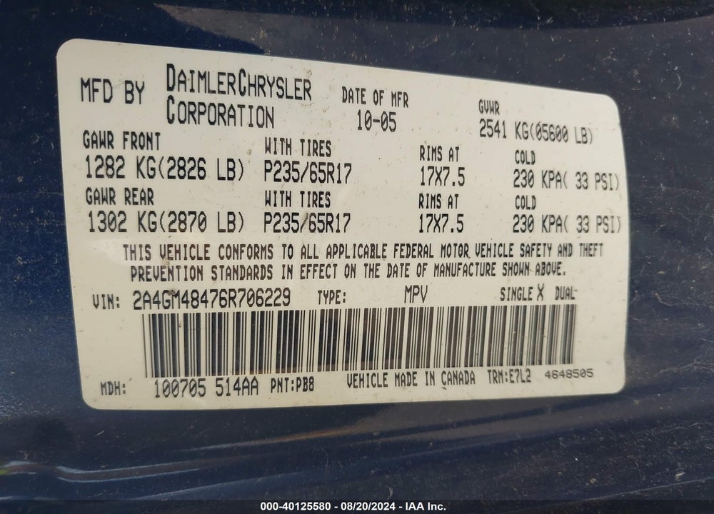 2006 CHRYSLER PACIFICA VIN: 2A4GM48476R706229