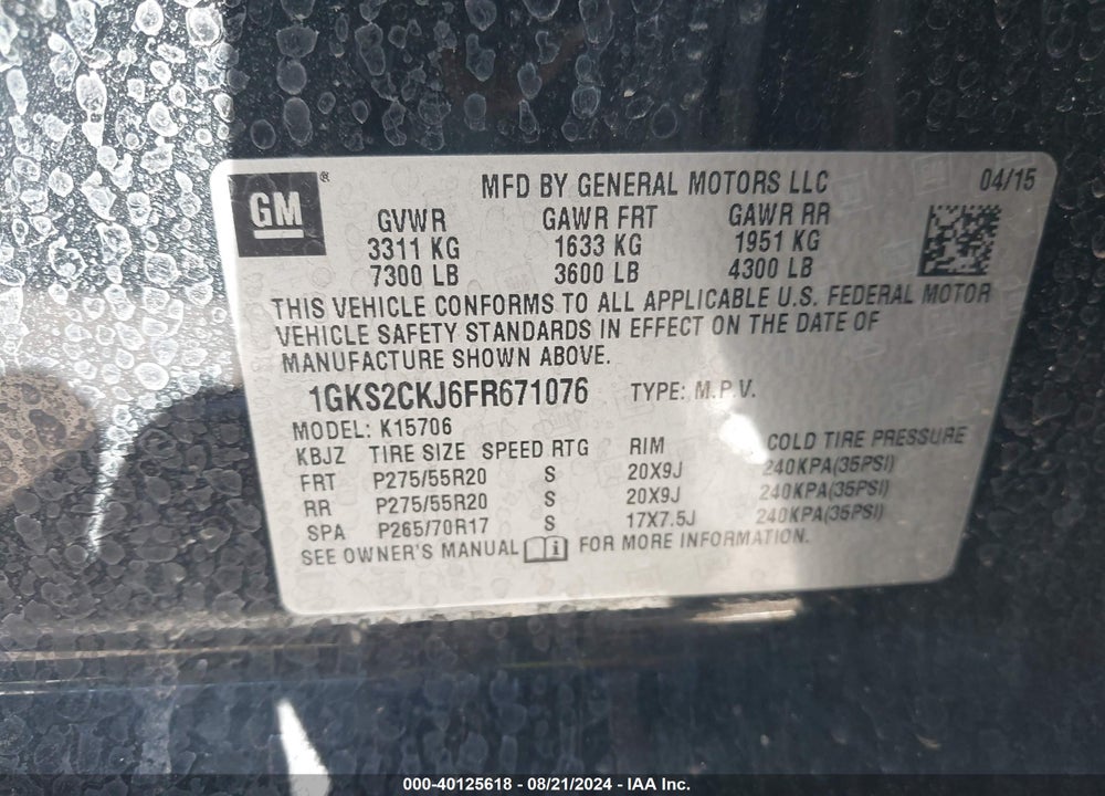 2015 GMC YUKON DENALI VIN: 1GKS2CKJ6FR671076