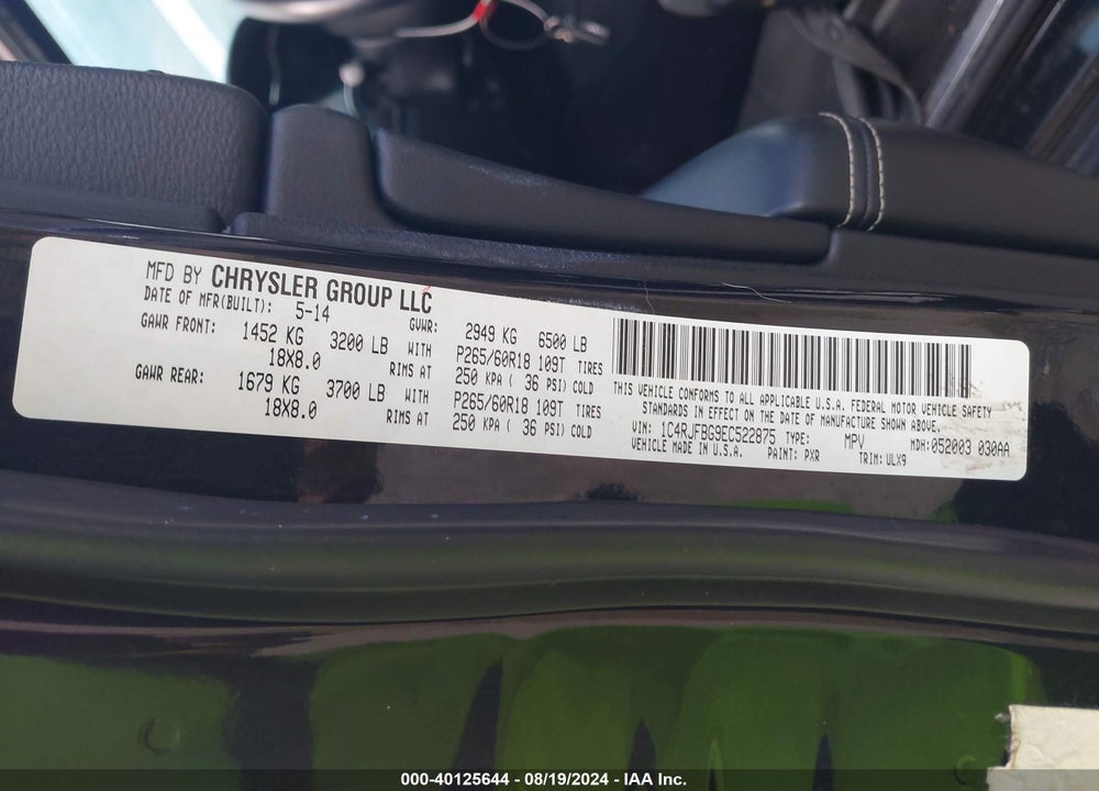 2014 JEEP GRAND CHEROKEE LIMITED VIN: 1C4RJFBG9EC522875