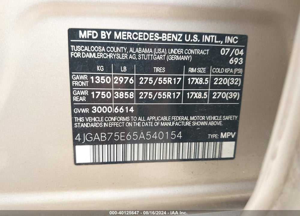 2005 MERCEDES-BENZ ML 500 4MATIC VIN: 4JGAB75E65A540154