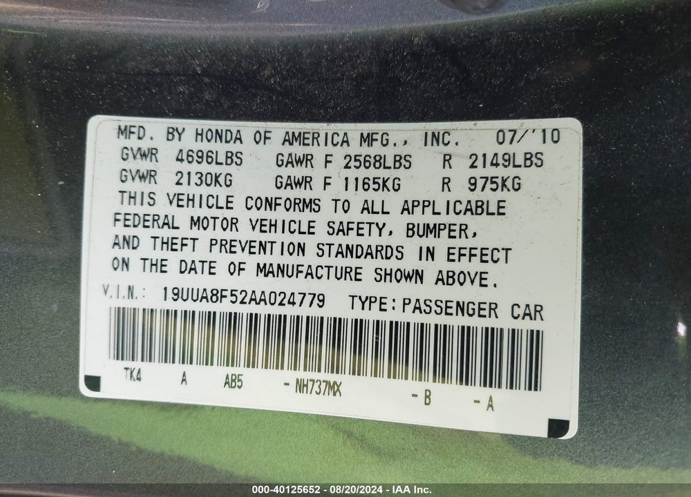 2010 ACURA TL 3.5 VIN: 19UUA8F52AA024779