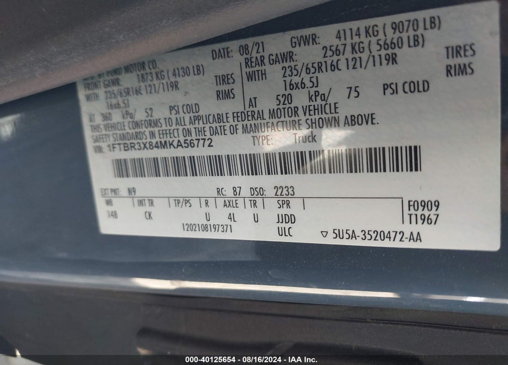 2021 FORD TRANSIT-250 CARGO VAN VIN: 1FTBR3X84MKA56772