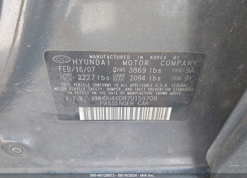 2007 HYUNDAI ELANTRA GLS/LIMITED/SE VIN: KMHDU46D87U159709