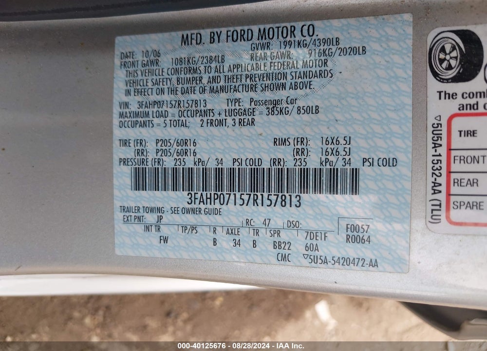 2007 FORD FUSION SE VIN: 3FAHP07157R157813
