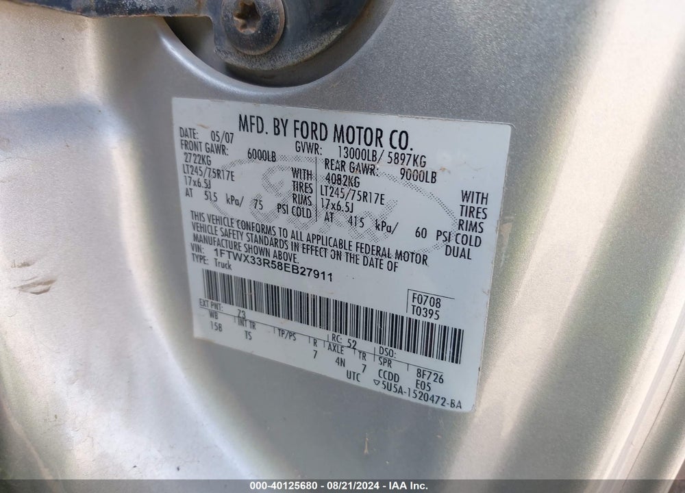 2008 FORD F-350 FX4/LARIAT/XL/XLT VIN: 1FTWX33R58EB27911