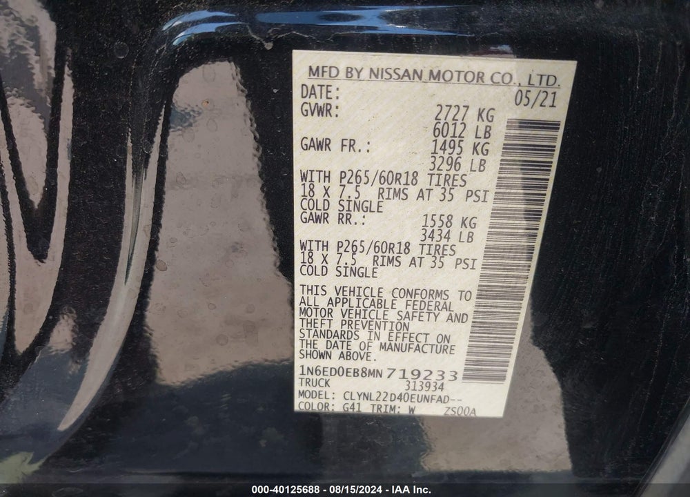 2021 NISSAN FRONTIER SV 4X4 VIN: 1N6ED0EB8MN719233