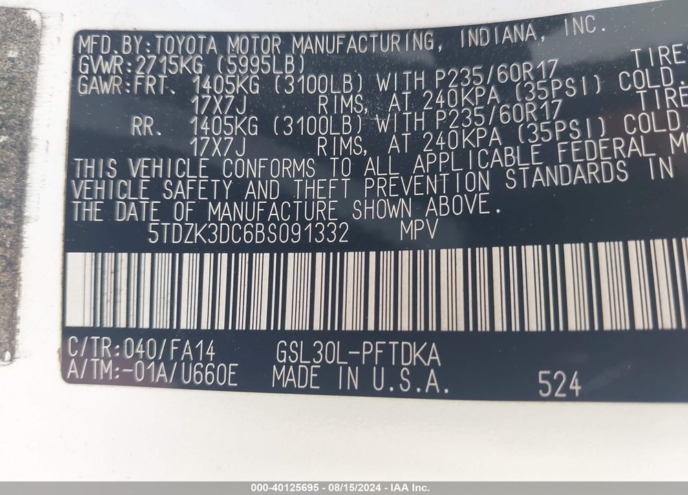 2011 TOYOTA SIENNA BASE V6 VIN: 5TDZK3DC6BS091332
