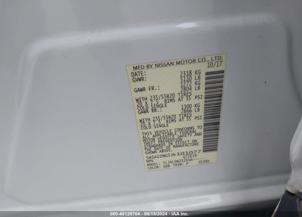 2018 NISSAN MURANO PLATINUM VIN: 5N1AZ2MG5JN101077