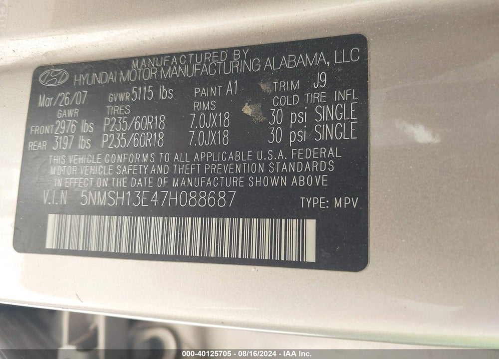 2007 HYUNDAI SANTA FE LIMITED/SE VIN: 5NMSH13E47H088687