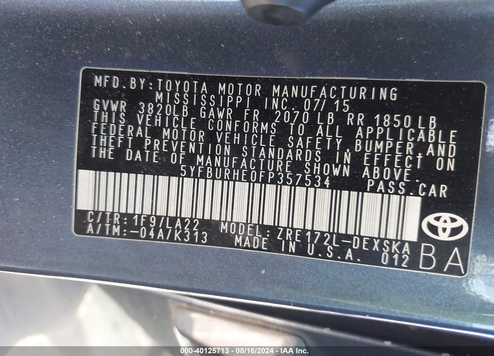 2015 TOYOTA COROLLA S/S PLUS/S PREMIUM VIN: 5YFBURHE0FP357534
