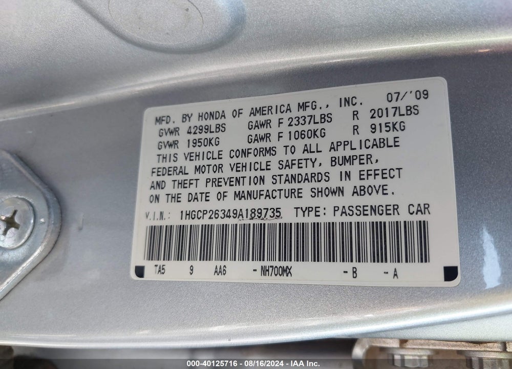 2009 HONDA ACCORD 2.4 LX VIN: 1HGCP26349A189735