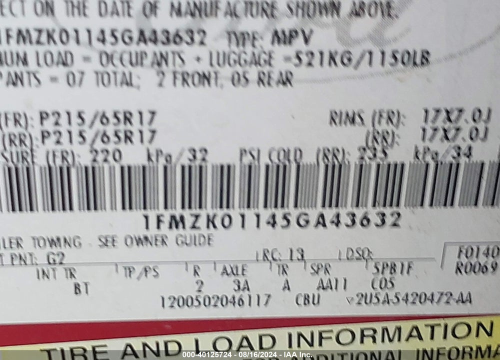 2005 FORD FREESTYLE SE VIN: 1FMZK01145GA43632