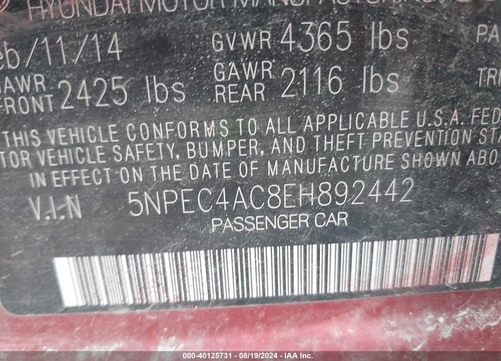 2014 HYUNDAI SONATA SE VIN: 5NPEC4AC8EH892442