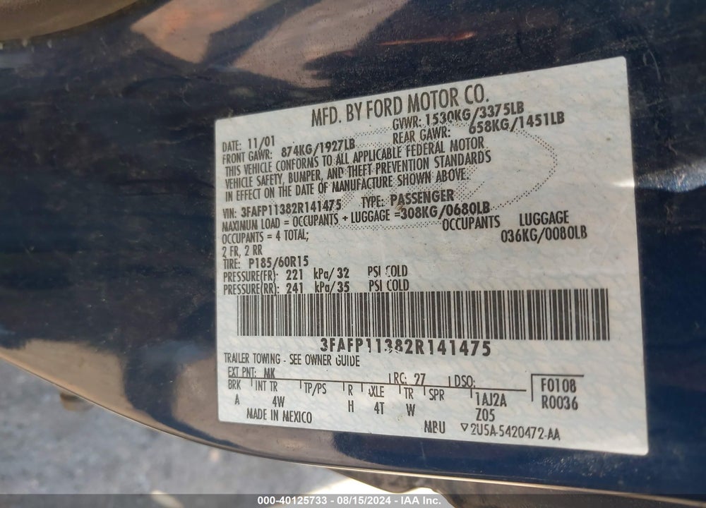 2002 FORD ESCORT ZX2 VIN: 3FAFP11382R141475