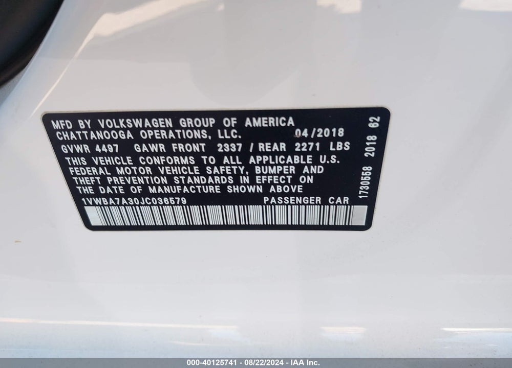 2018 VOLKSWAGEN PASSAT 2.0T SE VIN: 1VWBA7A30JC036579