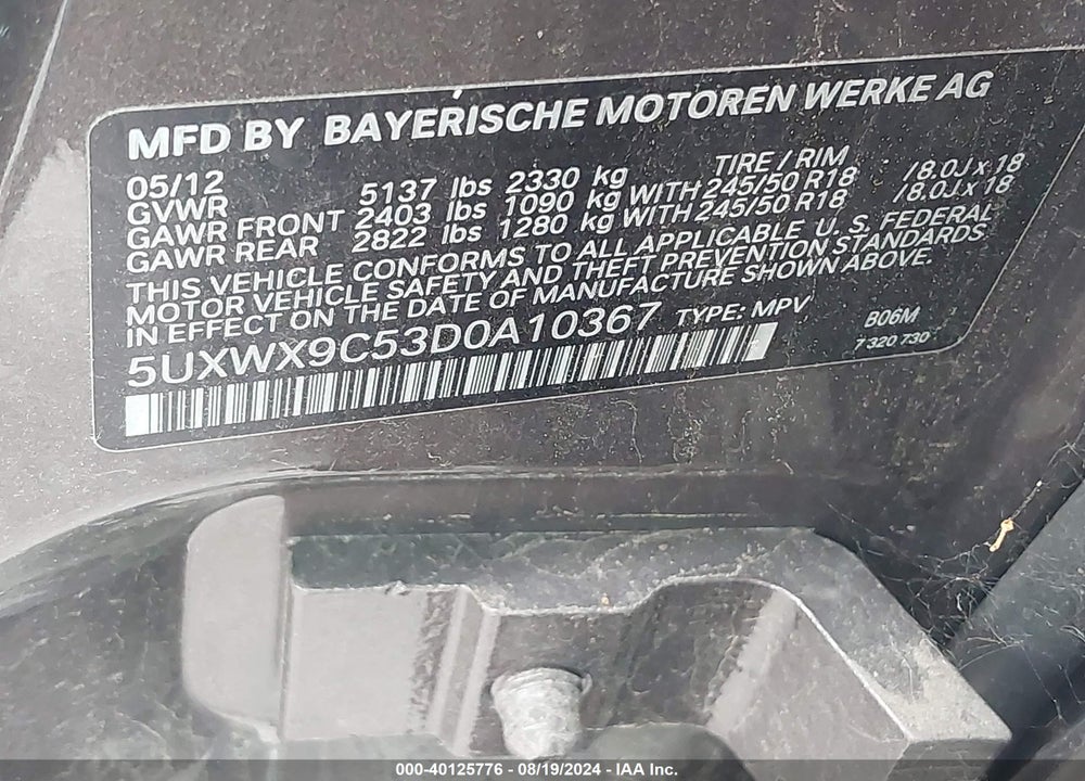 2013 BMW X3 XDRIVE28I VIN: 5UXWX9C53D0A10367