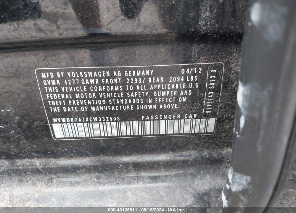 2012 VOLKSWAGEN GOLF 2.5L 4-DOOR VIN: WVWDB7AJXCW332508
