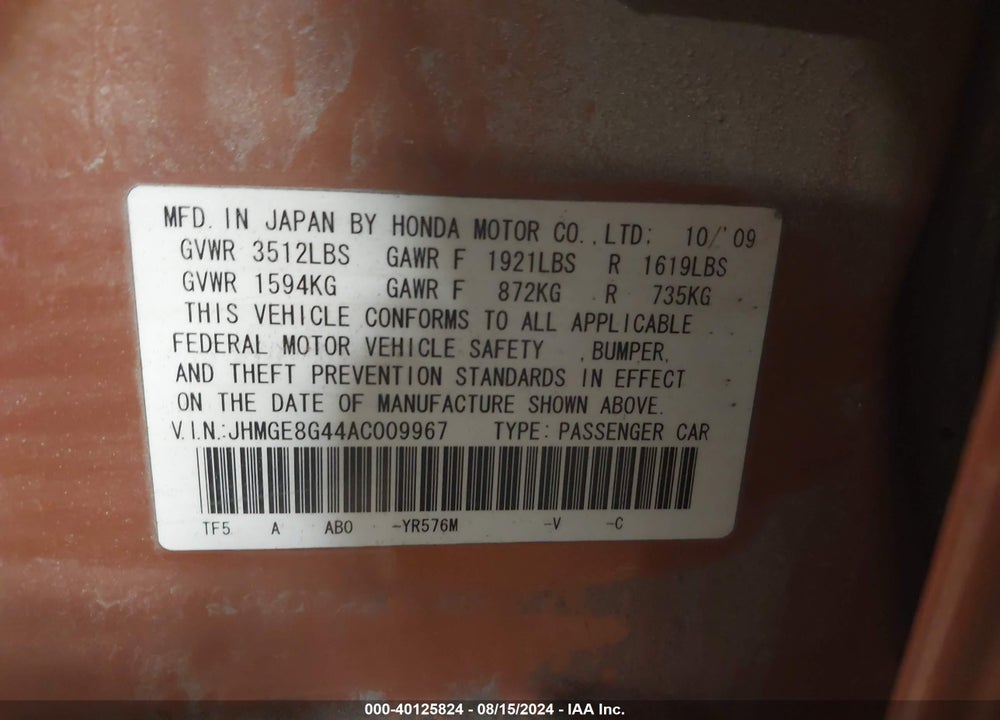 2010 HONDA FIT SPORT VIN: JHMGE8G44AC009967