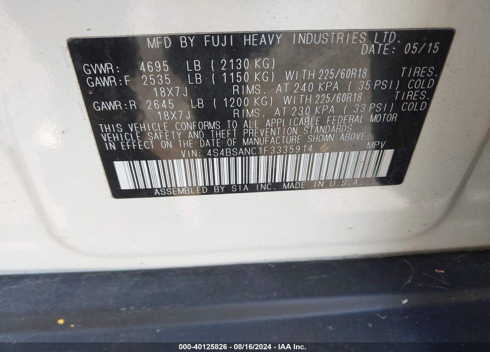 2015 SUBARU OUTBACK 2.5I LIMITED VIN: 4S4BSANC1F3335914
