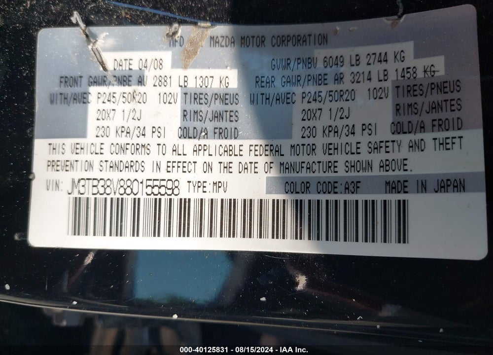 2008 MAZDA CX-9 GRAND TOURING VIN: JM3TB38V880155598