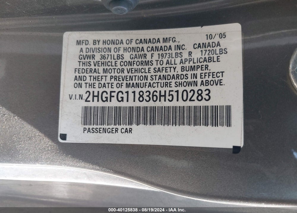 2006 HONDA CIVIC EX VIN: 2HGFG11836H510283