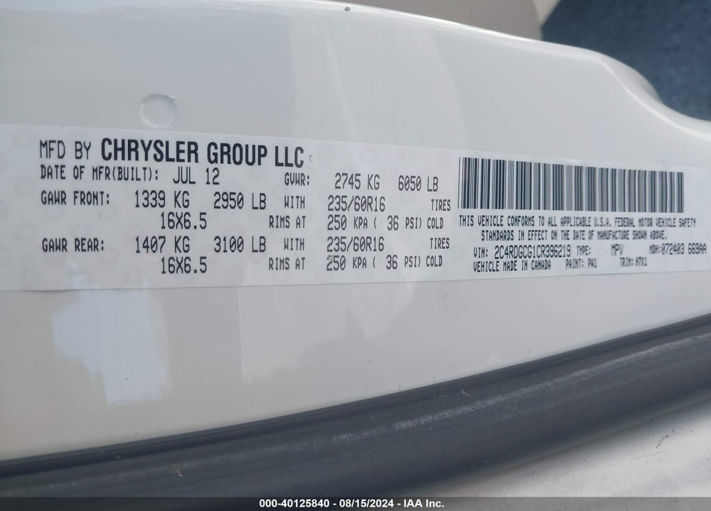 2012 DODGE GRAND CARAVAN SXT VIN: 2C4RDGCG1CR396219