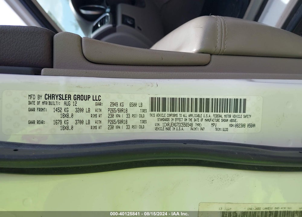 2013 JEEP GRAND CHEROKEE LAREDO VIN: 1C4RJEAG7DC556548