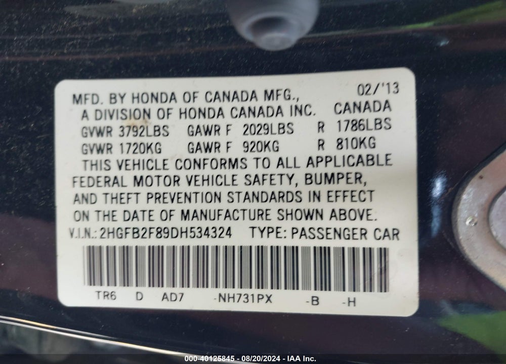 2013 HONDA CIVIC EX VIN: 2HGFB2F89DH534324
