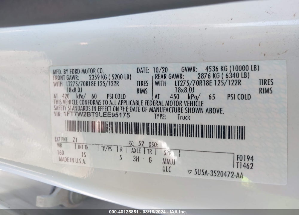 2020 FORD F-250 XL VIN: 1FT7W2BT9LEE95175