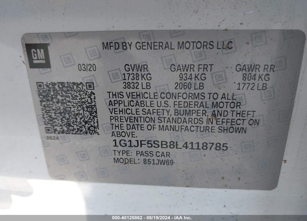 2020 CHEVROLET SONIC FWD  PREMIER VIN: 1G1JF5SB8L4118785