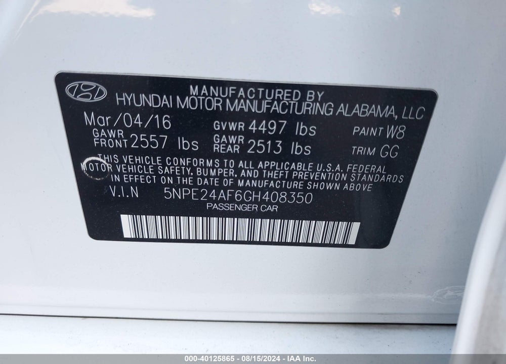 2016 HYUNDAI SONATA VIN: 5NPE24AF6GH408350