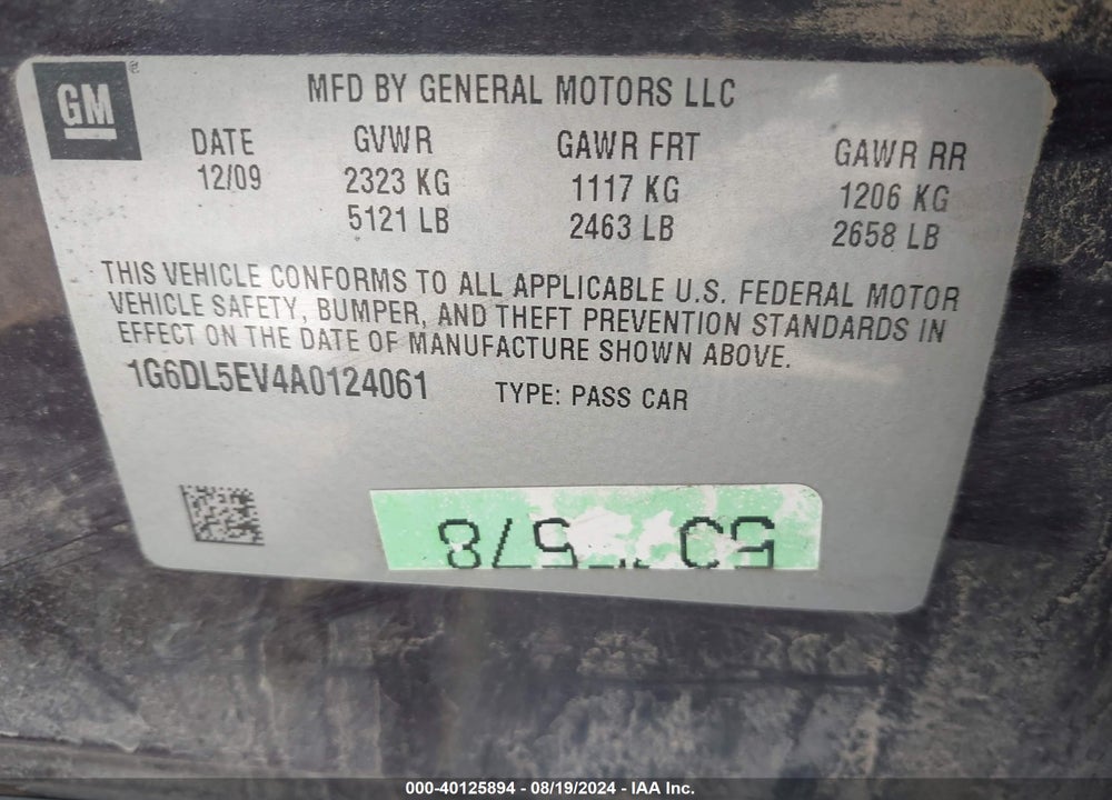 2010 CADILLAC CTS STANDARD VIN: 1G6DL5EV4A0124061