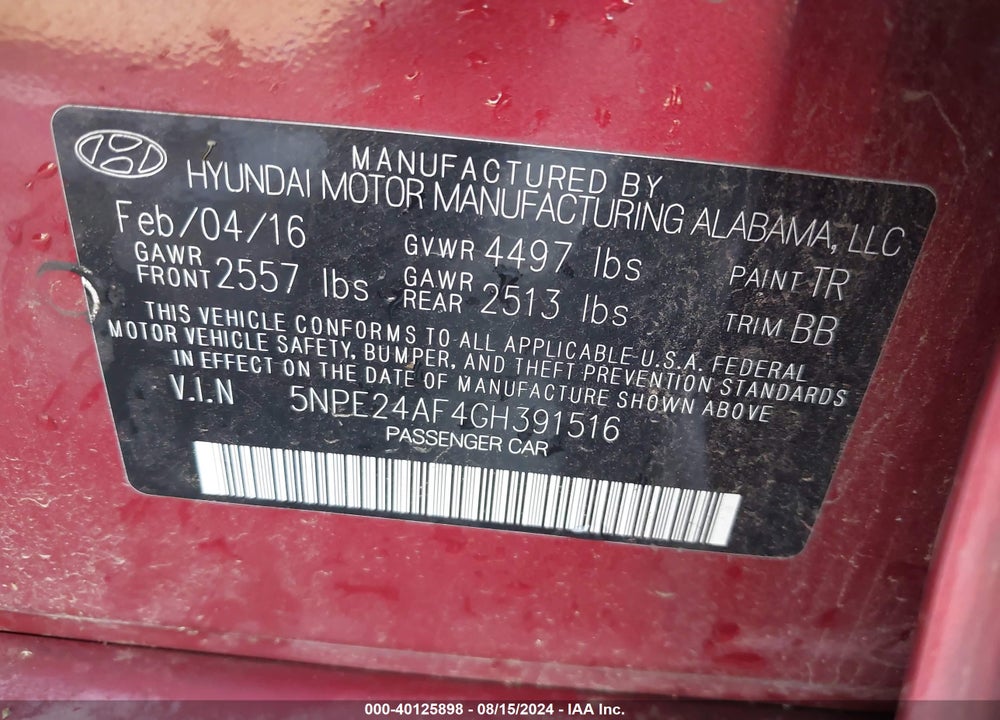 2016 HYUNDAI SONATA SE VIN: 5NPE24AF4GH391516