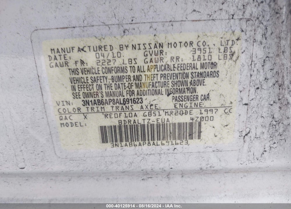 2010 NISSAN SENTRA VIN: 3N1AB6AP8AL691623