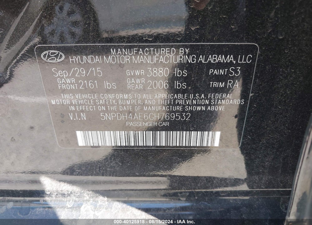 2016 HYUNDAI ELANTRA SE VIN: 5NPDH4AE6GH769532
