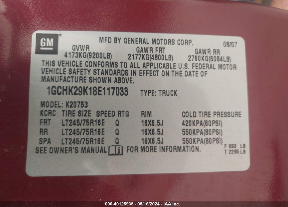 2008 CHEVROLET SILVERADO 2500HD LT1 VIN: 1GCHK29K18E117033