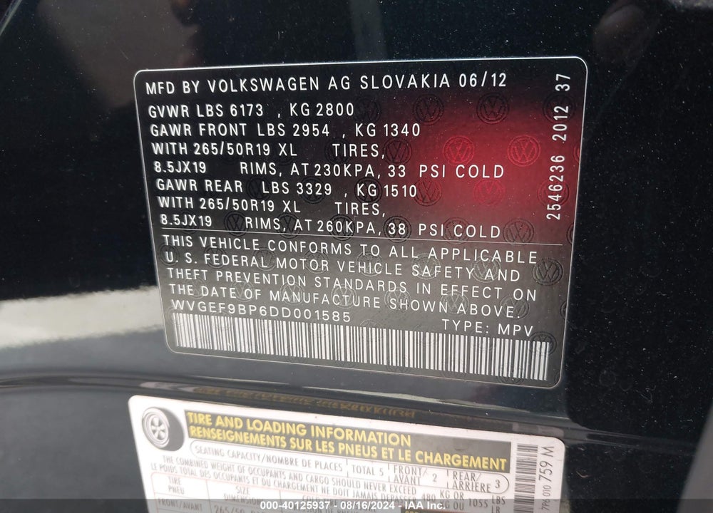 2013 VOLKSWAGEN TOUAREG VR6 LUX VIN: WVGEF9BP6DD001585