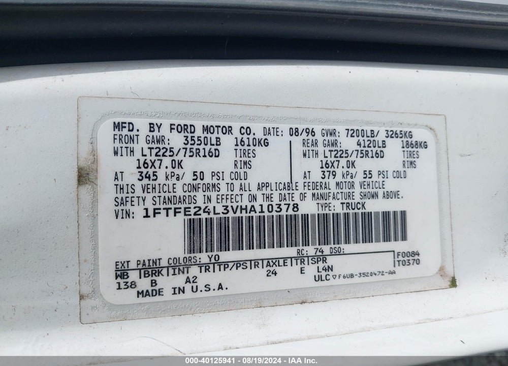 1997 FORD E-250 STANDARD VIN: 1FTFE24L3VHA10378