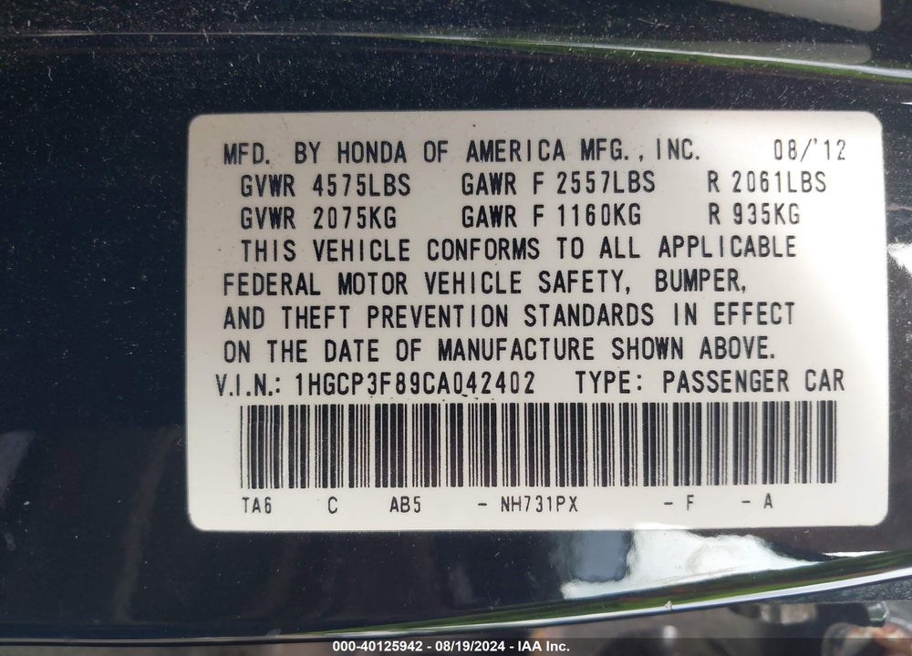 2012 HONDA ACCORD 3.5 EX-L VIN: 1HGCP3F89CA042402