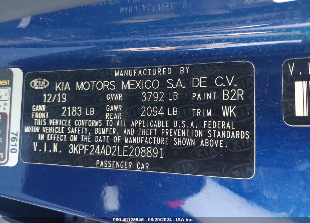 2020 KIA FORTE LXS VIN: 3KPF24AD2LE208891
